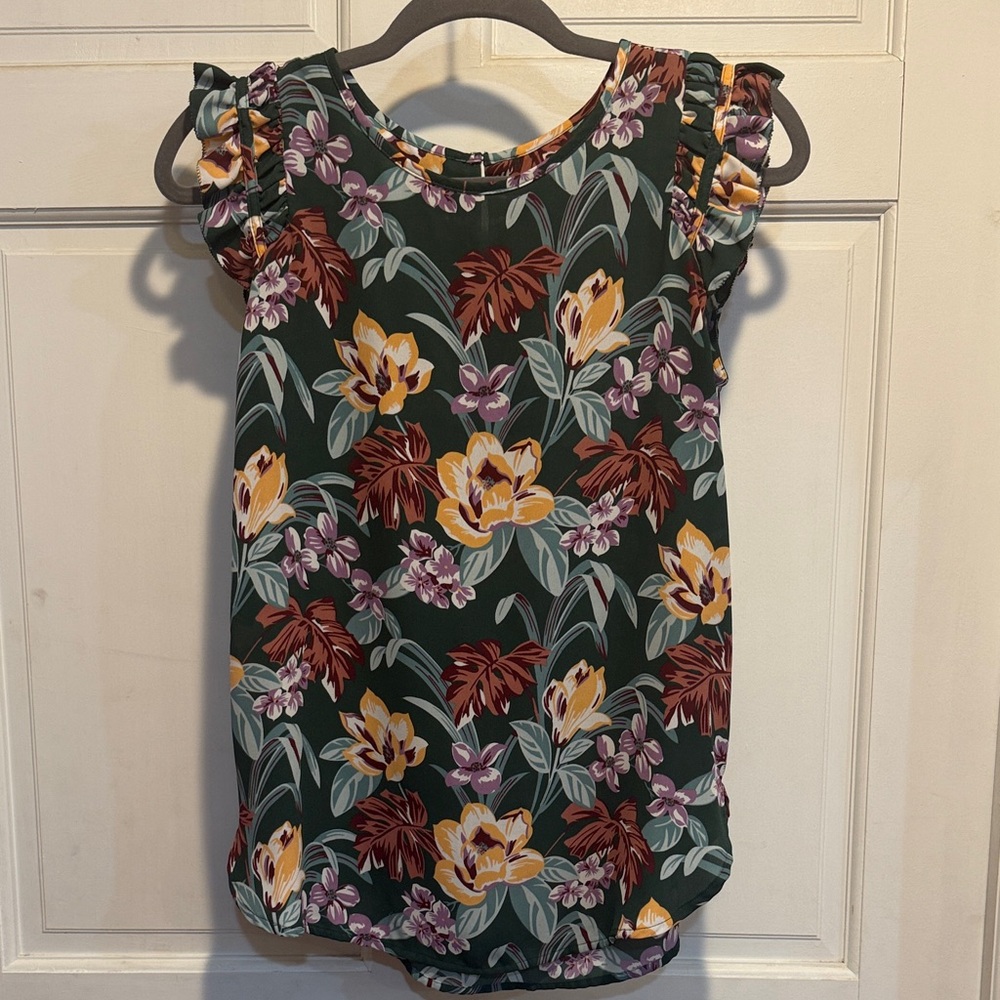 LOFT Dark Green Floral Blouse with Ruffle Sleeves